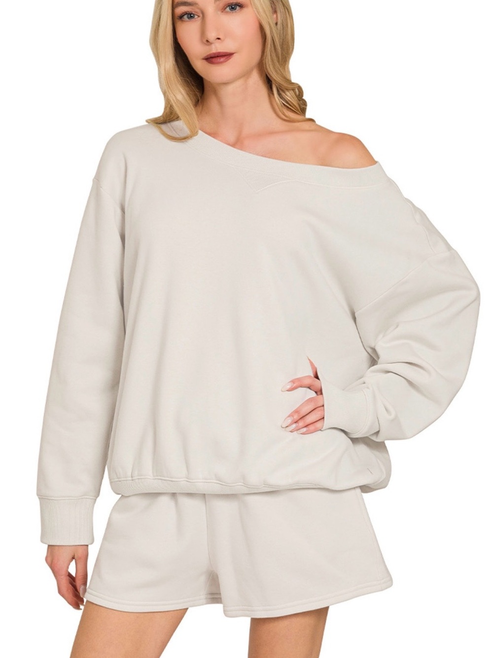 Zenana Outfitters Off-Shoulder Cream Lounge Sweatshirt and Shorts